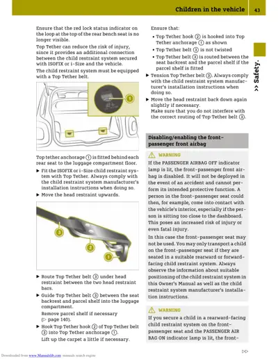 Diagram showing Top Tether belt routing through seat backrest with numbered callout points and installation instructions.