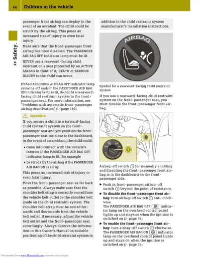 Owner manual page showing airbag hazard warnings, rearward-facing child seat symbol, and airbag-off switch diagram.
