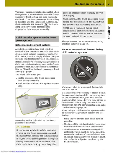 Manual page explaining child restraint systems, airbag disabling, and safety warnings with sun visor warning label image.