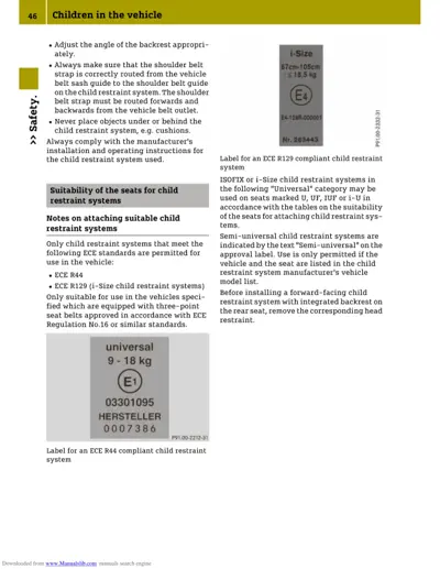 Page 46 showing child restraint system approval labels and safety instructions for vehicle installation.