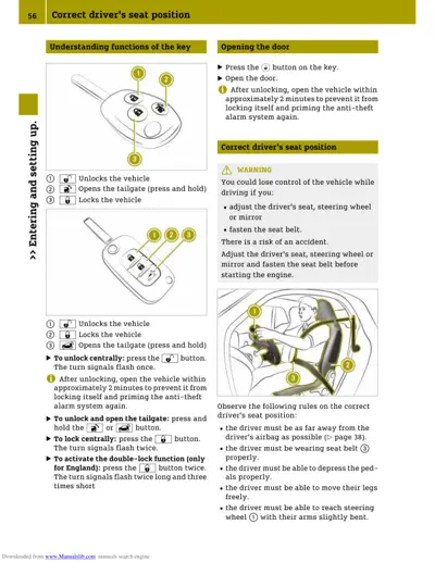 Key fob diagram with numbered buttons, driver seat positioning illustration, and safety guidelines.