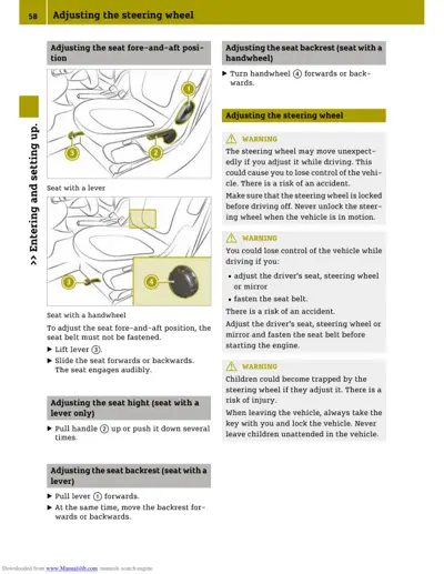 Page showing steering wheel adjustment instructions with numbered callout diagrams and three warning boxes.