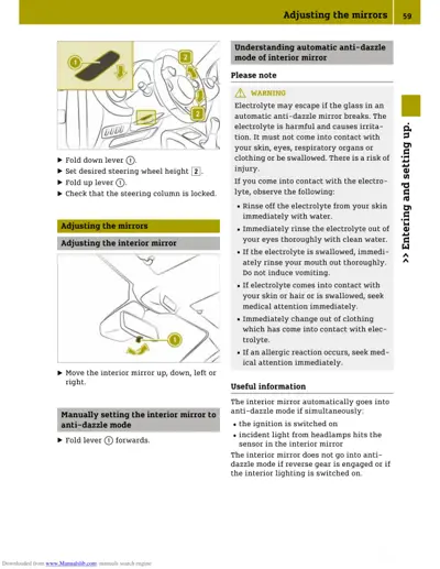 Instructions for adjusting interior mirror position and enabling anti-dazzle mode with warning about electrolyte hazard.