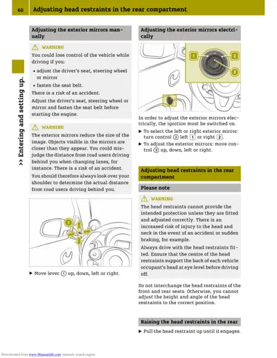 Page showing manual and electric mirror adjustment procedures and head restraint safety instructions.