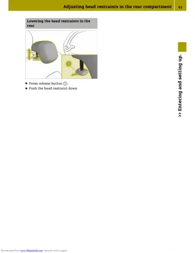 Diagram showing how to lower head restraint in rear seat with numbered callout.