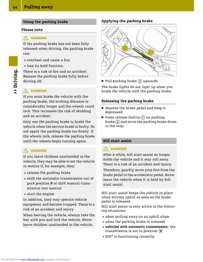 Instruction page showing parking brake lever location and hill start assist feature with safety warnings about brake release and unattended children.
