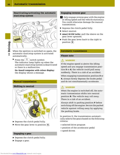 Automatic transmission manual page showing gear lever positions and operating instructions with warning callouts.