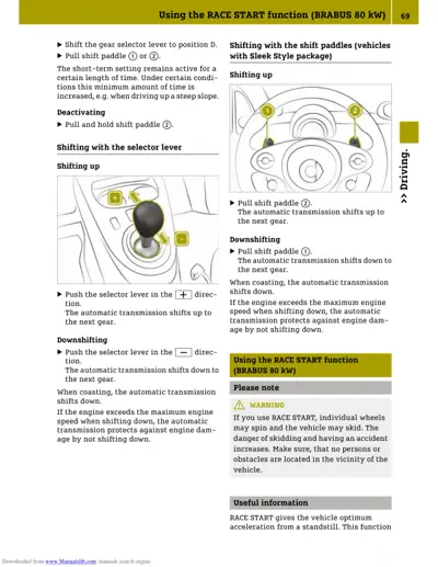 Instruction page showing gear selector lever positions and shift paddle locations on steering wheel for manual transmission control.