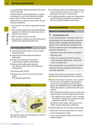 Owner manual page 70 covering economical driving practices and turn signal controls.