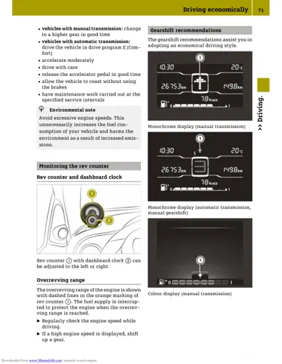 Owner manual page showing rev counter location, gearshift recommendations displays, and overrevving range information.