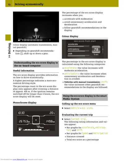 Eco score display showing accelerate, anticipatory, and shift modes with 78% rating and monochrome dashboard view.