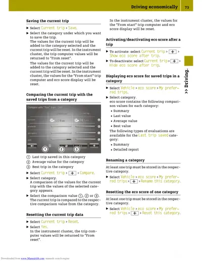 Owner manual page showing eco score comparison interface with bar charts and menu navigation options.
