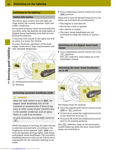 Owner manual page showing steering wheel combination switch positions for lighting control with callout diagrams.