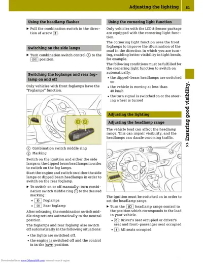 Lighting control procedures including headlamp flasher, fog lamps, cornering lights, and headlamp range adjustment with steering wheel and dashboard controls shown.