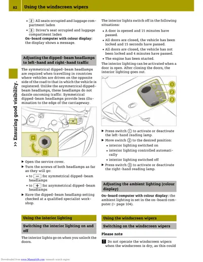 Manual page showing interior light switches and headlamp adjustment instructions with numbered callouts.