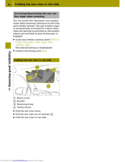 Diagram of sun visor assembly showing four numbered parts and folding instructions for driver side.