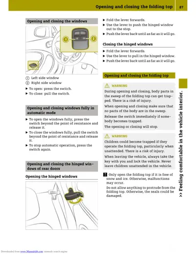 Owner manual page showing how to open and close folding top, windows, and hinged rear door windows with numbered callouts and warning symbols.
