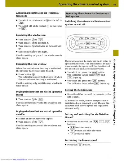 Page 89 showing climate control system operating instructions with text sections and a climate control panel diagram.
