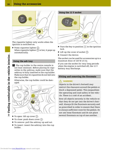 Owner manual page showing how to use vehicle accessories including lighter, power socket, ashtray, and floor mats.