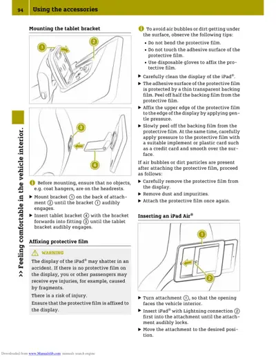 Instruction diagrams for mounting tablet bracket with numbered callouts and iPad protective film application steps.