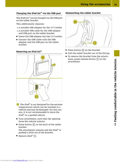 Instructions for charging iPad Air and dismantling tablet bracket with two diagrams and callouts.