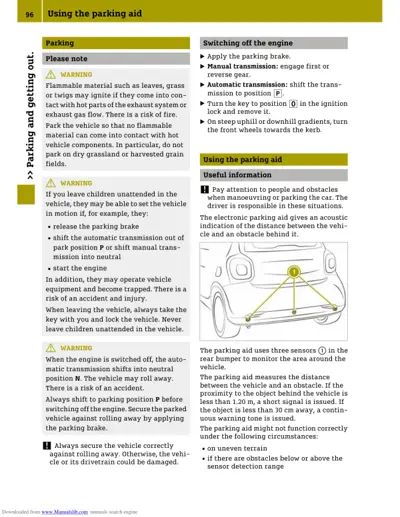 Diagram showing three parking aid sensors in rear bumper with operational instructions and safety warnings.
