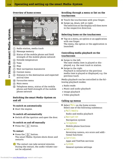 Annotated home screen showing 12 numbered interface elements and text instructions for system operation.