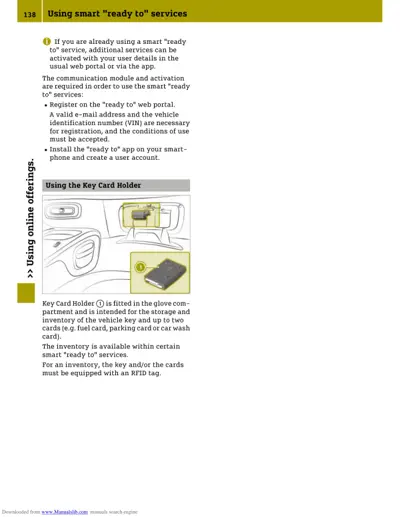 Diagram showing key card holder mounted in glove compartment and close-up of key card with RFID tag.