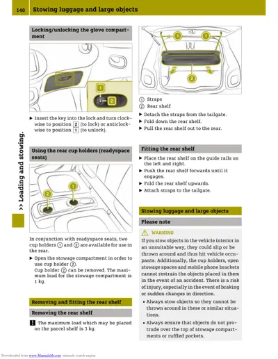 Page 140 showing glovebox locking mechanism, rear cup holders, and rear shelf installation steps with numbered callouts.