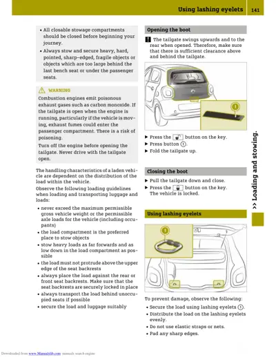 Boot tailgate opening instructions and interior lashing eyelet anchor points shown in diagram.