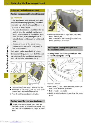 Instructions for folding rear and front seat backrests with numbered callouts and warning about engagement.