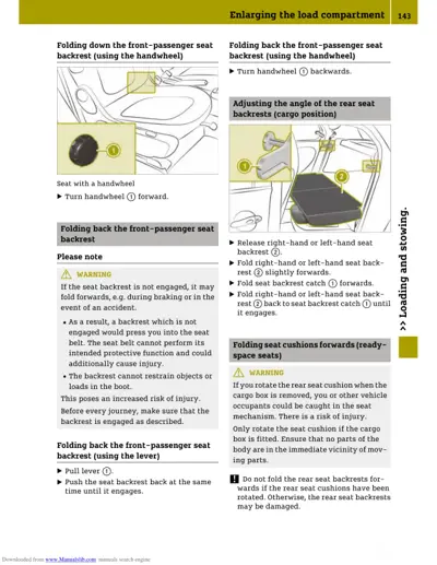 Diagrams showing handwheel and lever mechanisms for folding front-passenger seat backrest and adjusting rear seat backrest angles.
