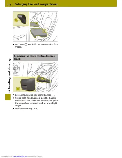Service procedure showing seat folding and cargo box removal with numbered callouts.