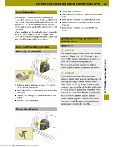 Engine compartment cover procedure diagram showing quick-release fastener locations and subwoofer access points.