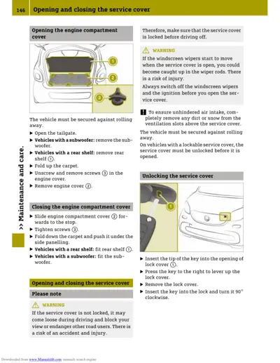 Diagrams showing how to open, close, and unlock the engine service cover on a Smart Forfour.