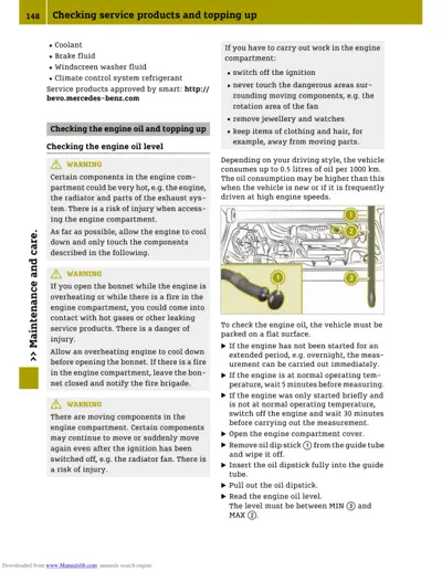Engine compartment diagram showing oil dipstick insertion point and MIN/MAX level indicators with numbered callouts.