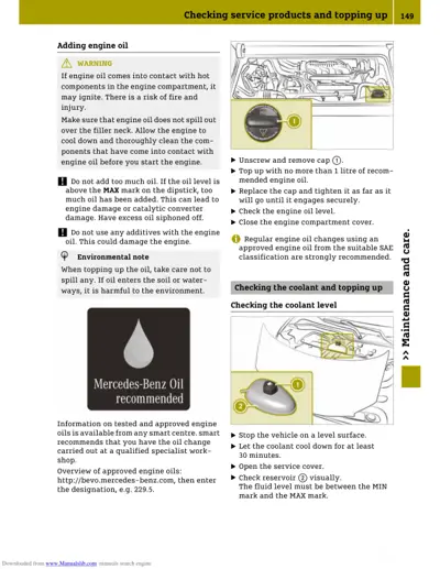 Engine compartment diagram showing oil cap and coolant reservoir with numbered callouts and inspection steps.
