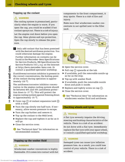 Diagram showing coolant expansion tank cap and washer fluid filler with step-by-step instructions for topping up.