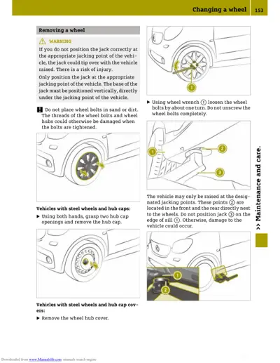 Instructions for removing a vehicle wheel, showing wrench use, jacking points, and hub cap removal