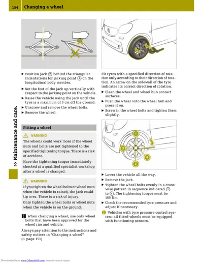 Wheel changing instructions showing jack placement, wheel hub diagram, and four-point tightening pattern numbered 1-4.