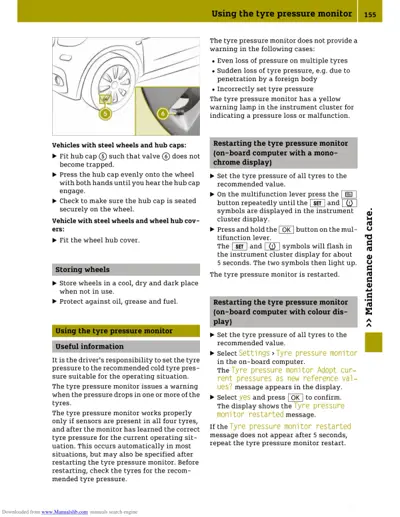Manual page explaining tyre pressure monitor functionality, hub cap installation for steel wheels, and system restart steps.