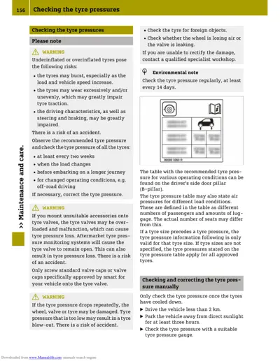 Manual page about tyre pressure checking with warnings and reference to pressure table location.