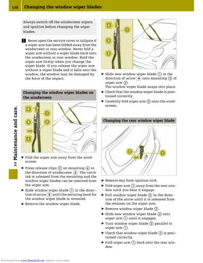 Wiper blade replacement instructions with diagrams showing windscreen and rear window blade mounting points.