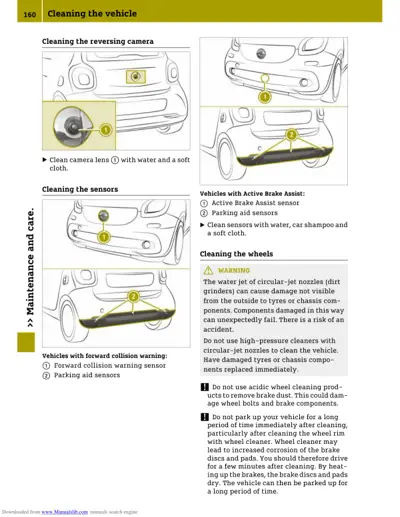 Service procedures for cleaning camera, sensors, and wheels with callout locations.