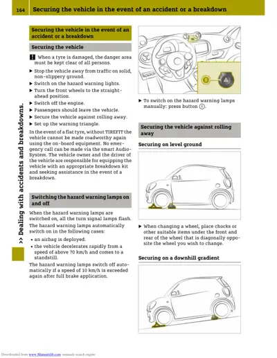 Owner manual page showing hazard light button and diagrams for securing smart car on level ground and downhill gradient using wheel chocks.