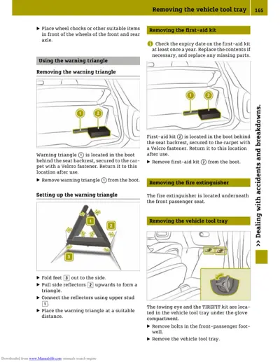 Diagram showing tool tray removal from front passenger footwell area under glove box.