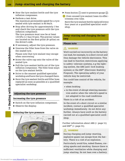 Manual page 168 showing tyre pressure adjustment instructions and battery jump-starting safety precautions with warning icons.