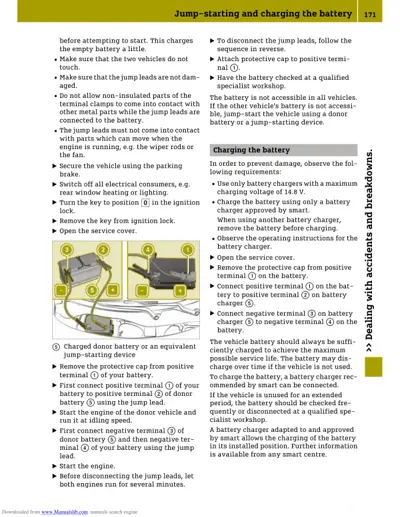 Manual page showing jump-start steps with numbered diagram and battery charging instructions.