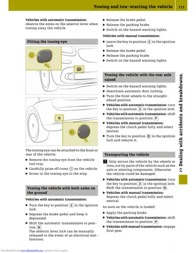 Diagrams showing towing eye attachment points on vehicle front and rear with numbered callouts.