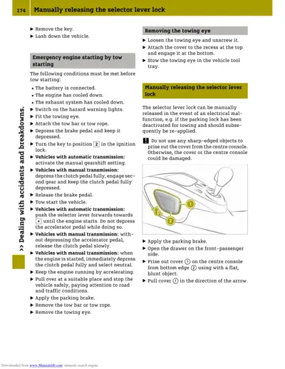 Service manual page showing selector lever lock manual release location and tow-start procedures with numbered callouts on center console.